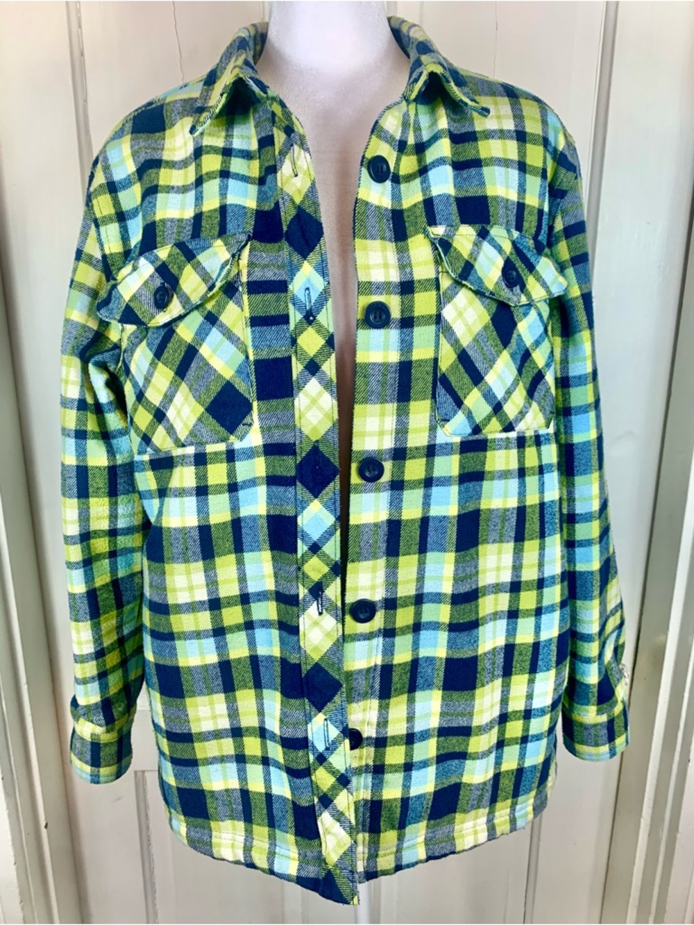 Empyre Cayden Button Down Flannel Blue & Green Sherpa Lined Jacket